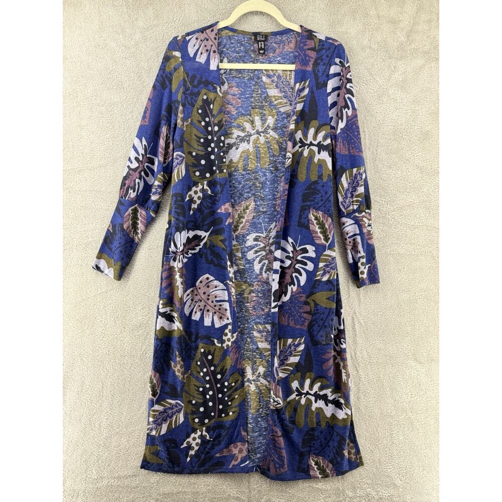 GILI Cardigan Womens XXS Blue Floral Long Open Front Long Sleeve Boho Art